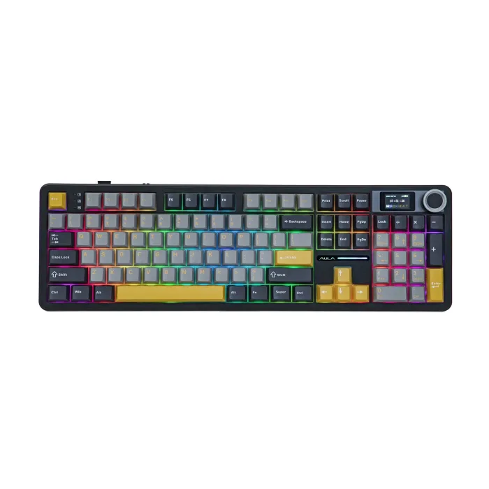 AULA F108 PRO Black/Gray безжична механична геймърска клавиатура, Volcanic Linear, RGB, LCD, Knob