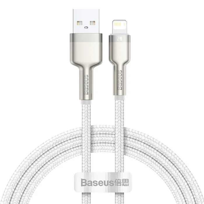 USB кабел BASEUS Cafule, USB-A към Lightning, 1 м, бял, текстилна оплетка, прави конектори