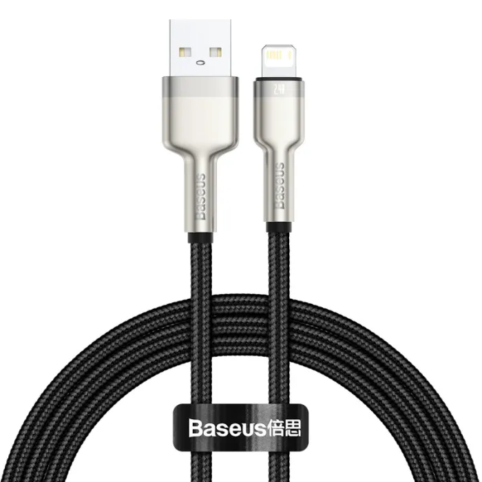 USB кабел за зареждане и пренос на данни BASEUS Cafule, USB-A към Lightning, 1 м, до 2,4 A, USB 2.0 Hi-Speed, 480 Mbps, черен