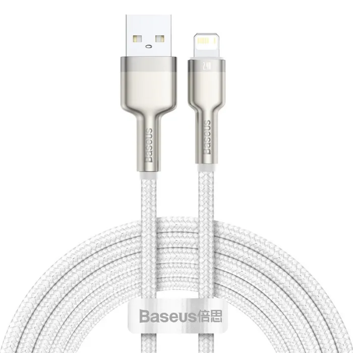 USB кабел за зареждане и пренос на данни BASEUS Cafule CALJK-B02, USB-A към Lightning, 2 м, 2,4 A, до 480 Mbps, бял, найлонова оплетка