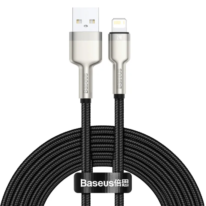USB кабел BASEUS Cafule CALJK-B01, USB-A към Lightning, 2 м, за зареждане и синхронизация на данни, до 2,4 A, 480 Mbps, текстилна оплетка, черен