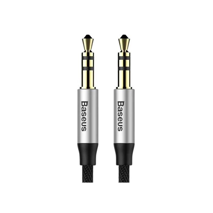 Стерео аудио кабел AUX BASEUS CAM30-BS1, Jack–Jack, 2 x 3.5 mm мъжки конектора, 1 м, позлатени контакти, текстилна оплетка, черен и сребърен