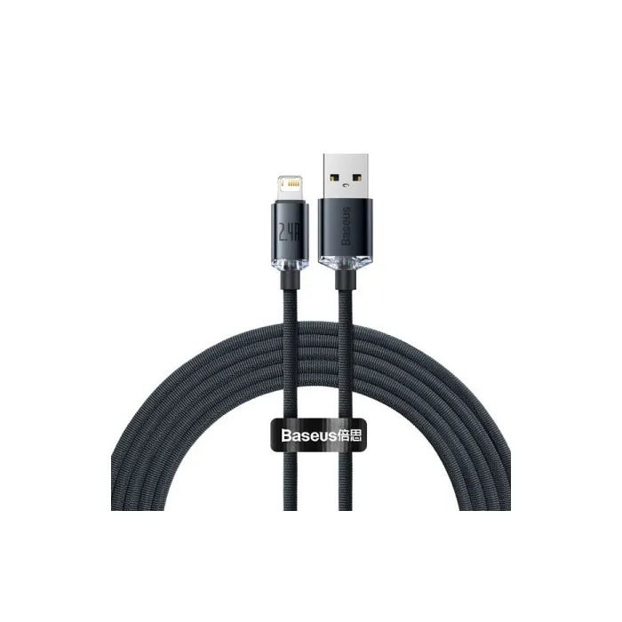 Кабел BASEUS Crystal Shine CAJY000101, USB-A към Lightning, 2 м, текстилна оплетка, до 2,4 A, до 480 Mbps, черен