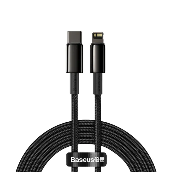Кабел USB-C към Lightning BASEUS Tungsten Gold, 2 м, черен, Power Delivery до 20 W, USB 2.0, до 480 Mb/s, найлонова оплетка
