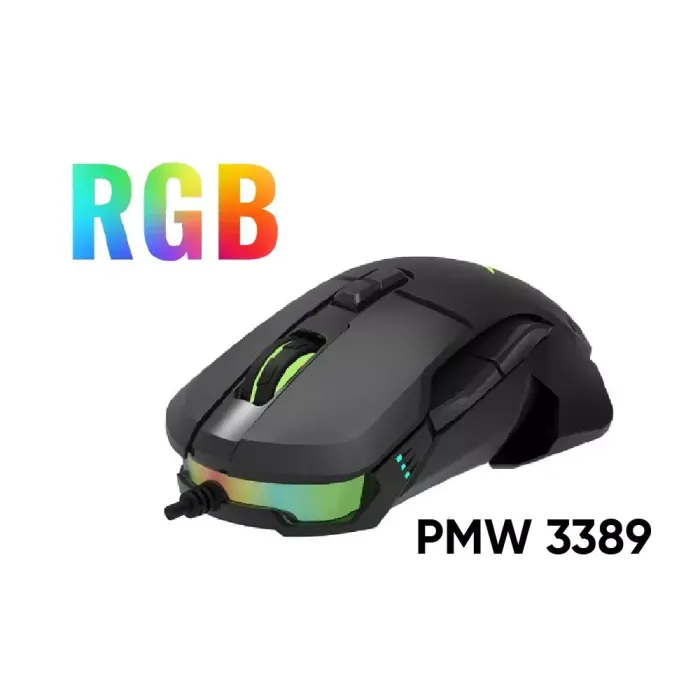 Жична геймърска мишка Delux M629BU-PMW3389, оптичен сензор PMW3389, до 16 000 DPI, 7 програмируеми бутона, RGB подсветка, USB