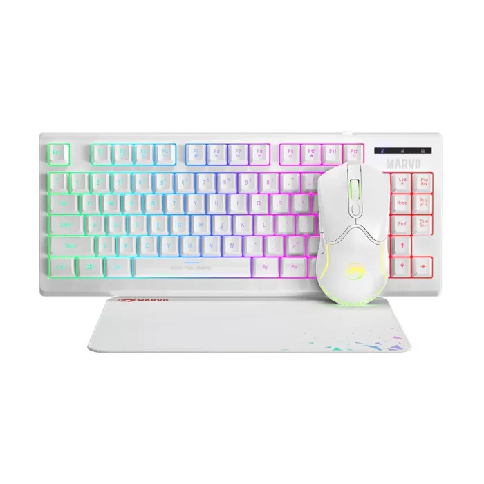 Геймърски комплект Marvo COMBO CM310 3-в-1, бял, USB, клавиатура с 87 клавиша и RGB подсветка, мишка 1000 Hz, 3200 DPI, 7 бутона, пад