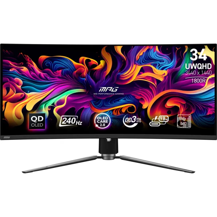 Гейминг монитор MSI MPG 341CQPX QD-OLED, 34", UWQHD 3440x1440, QD-OLED, 240Hz, 0.03ms, G-SYNC, USB-C 98W PD