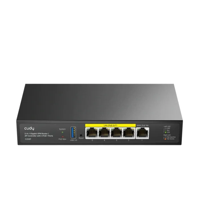 Гигабитов VPN рутер и контролер за точки за достъп CUDY C200P, 1x Gigabit WAN, 4x Gigabit LAN с PoE+ 802.3at/af, до 30 W на порт, USB 3.0, VPN сървър и клиент