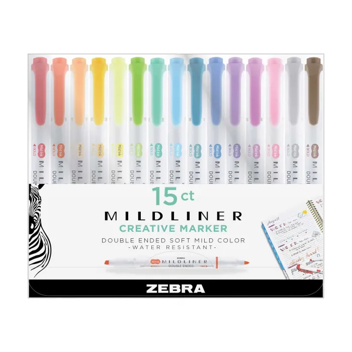 Комплект текст маркери Zebra Mildliner 15PK, двувърхи, 15 цвята