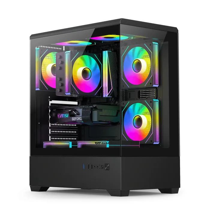Компютърна кутия Aigo C365, E-ATX/ATX/mATX/Mini-ITX, Middle Tower, 3 x 120 mm A-RGB вентилатора, tempered glass, 240 mm водно охлаждане, черна
