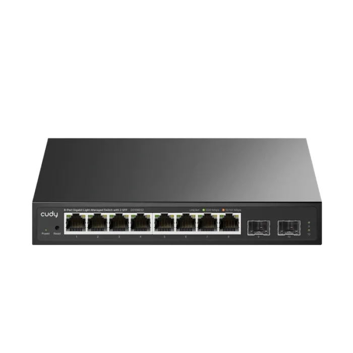 Комутатор CUDY GS108ES2, 8 Gigabit RJ45 порта, 2 Gigabit SFP порта, управляем, Layer 2, без вентилатор, за настолен, стенен или шкафен монтаж