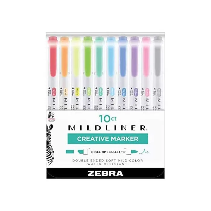 Маркери за текст Zebra Pen Mildliner, комплект 10 цвята, двоен връх, скосен и писец тип куршум, водоустойчиви