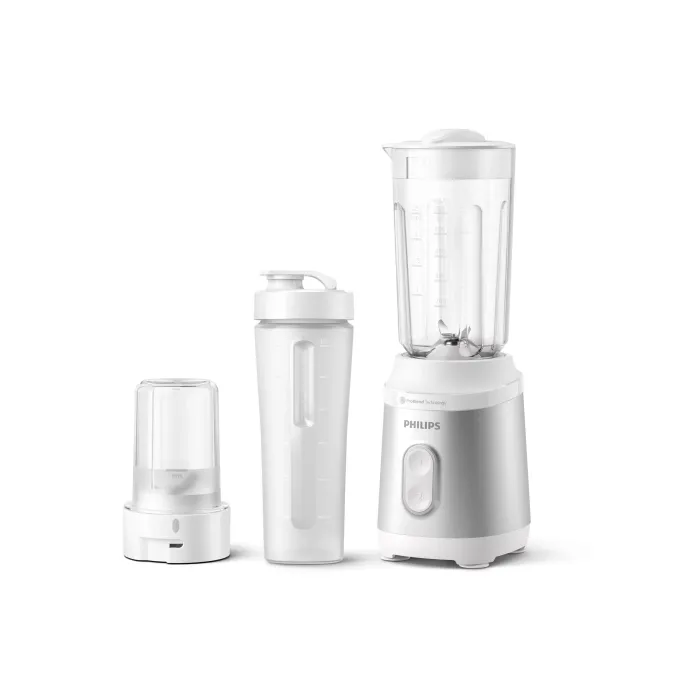 Мини блендер PHILIPS Series 3000 HR2512/90, 350 W, ProBlend, 2 скорости, мелачка за кафе и подправки, бяла бутилка за напитки за навън