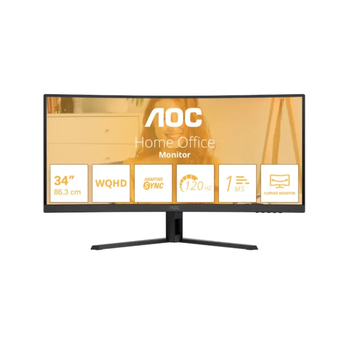 Монитор AOC CU34B3E, 34", извит 1500R, VA, UWQHD 3440x1440, 120Hz, 4ms GtG/1ms MPRT, Adaptive-Sync, HDMI, DisplayPort