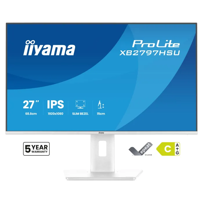 Монитор IIYAMA XB2797HSU-W1, 27″, IPS, Full HD 1920x1080, 120 Hz, USB-C хъб, ергономична стойка, бял