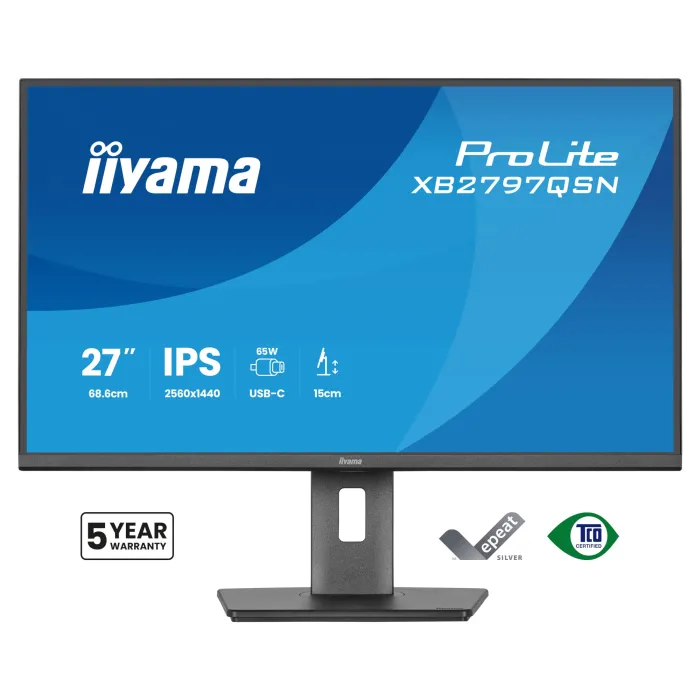 Монитор IIYAMA XB2797QSN-B1, 27", QHD 2560x1440, IPS, 75 Hz, USB-C докинг с 65 W Power Delivery, ергономична стойка, HDMI и DisplayPort
