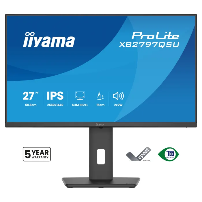Монитор IIYAMA XB2797QSU-B1, 27" IPS, 2560x1440, 75 Hz, време за реакция 1 ms, HDMI и DisplayPort, ергономична стойка