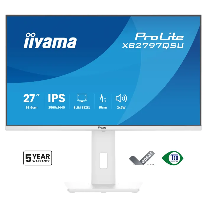 Монитор IIYAMA XB2797QSU-W1, 27", QHD 2560x1440, IPS, 75 Hz, 1 ms, бял, ергономична стойка