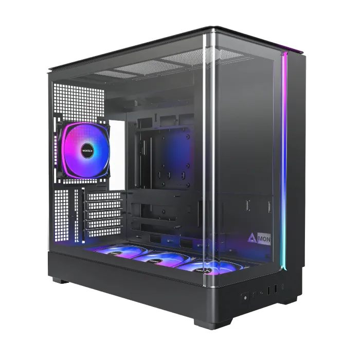 MONTECH KING 15 PRO Black – Micro-ATX кутия с извито панорамно tempered glass, 4×120mm PWM ARGB вентилатора, USB-C