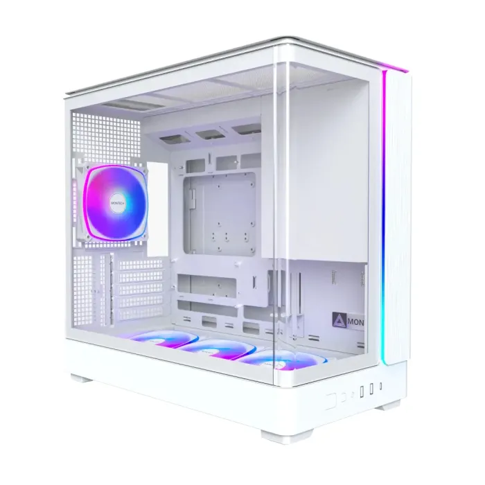 MONTECH KING 15 PRO White – Micro-ATX кутия с извито панорамно tempered glass, 4×120mm вентилатора, USB-C