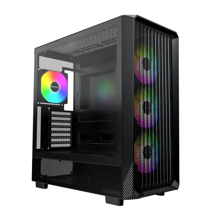 MONTECH X5 Black – ATX Mid Tower кутия с high-airflow mesh, 4× ARGB вентилатора, USB-C, GPU до 410 mm