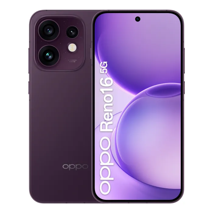Смартфон OPPO Reno16 5G, 6,32″ AMOLED 120 Hz, 8 GB RAM, 512 GB, тройна камера 50 MP + 50 MP + 50 MP, 6000 mAh, 80 W SUPERVOOC, Dual SIM, пурпурен