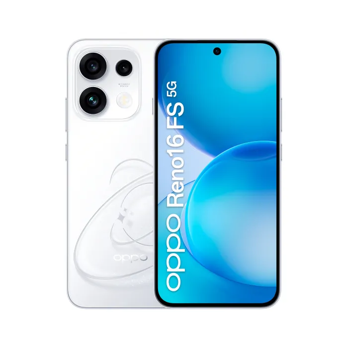 Смартфон OPPO Reno16 FS 5G CPH2859, 6,57" AMOLED 120 Hz, 8 GB RAM, 512 GB памет, Dual SIM, Android 16, 6500 mAh, 50 MP камера, IP69, Бял
