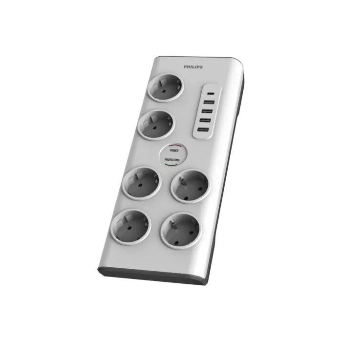 Philips SPN7060WA/58 – Разклонител със защита от пренапрежение, 6 гнезда, 5 USB порта, 2 m кабел