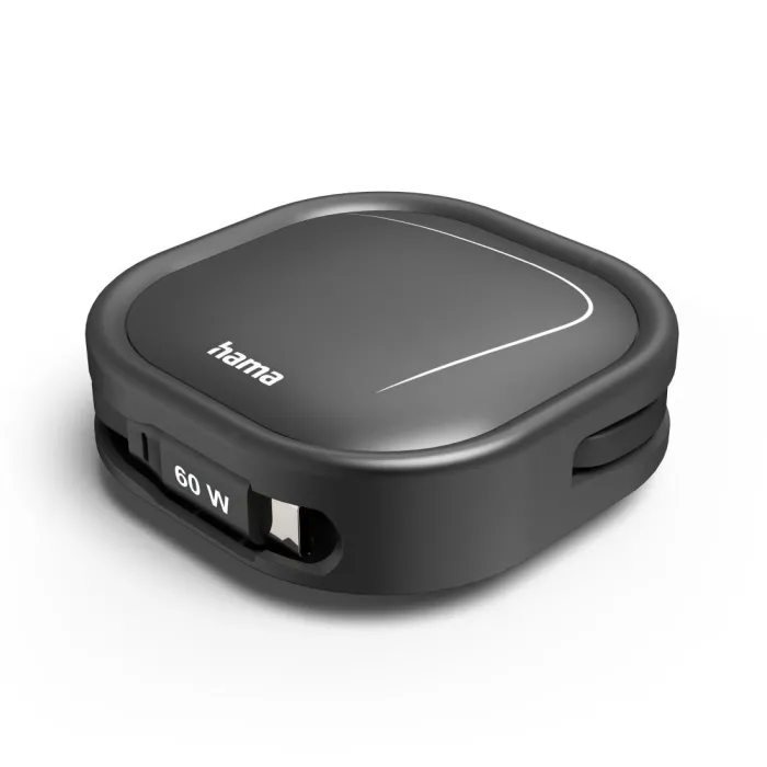 Прибиращ се кабел за зареждане HAMA, USB-C към USB-C, 60 W, 1 м, двойно екраниран, черен