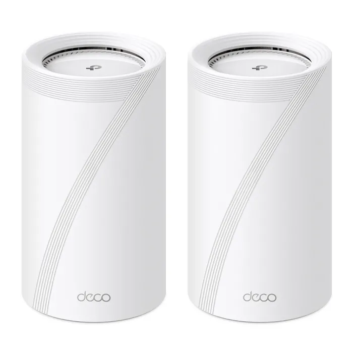 Трибандова Mesh Wi-Fi 7 система TP-Link Deco BE85, комплект 2 броя, 2.4/5/6 GHz, клас BE22000, Wi-Fi 7 (802.11be), 10 Gbps и 2.5 Gbps портове, бяла