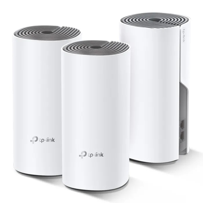 Mesh Wi‑Fi система TP-Link Deco E4, комплект 3 устройства, двубандов Wi‑Fi 5 (802.11ac), до 867 Mbps на 5 GHz, до 300 Mbps на 2,4 GHz, 2× 10/100 Mbps порта на устройство, за вътрешен монтаж