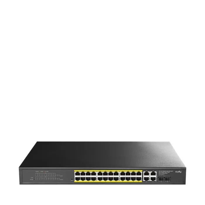 Управляем Gigabit PoE+ суич Cudy GS1028EPS2, 24 порта, 2× Gigabit SFP, 4× Uplink, 300 W, за монтаж в шкаф