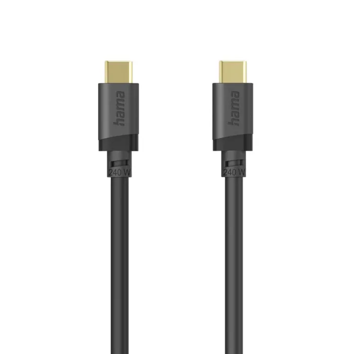 USB-C кабел HAMA, USB-C към USB-C, USB 3.2 Gen1, 5 Gbit/s, E-Marker чип, 240 W, 1.5 м, двойно екраниран, черен