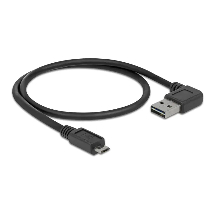 USB кабел DeLock EASY-USB 2.0, USB-A мъжки конектор под ъгъл наляво/надясно към Micro-B мъжки, 0,5 м, трансфер на данни 480 Mbit/s, черен