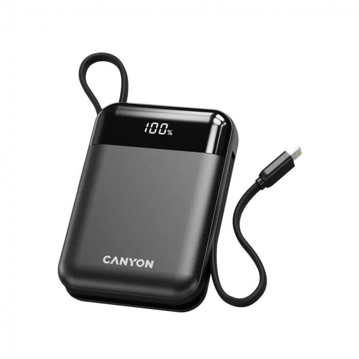 Външна батерия CANYON OnPower 104 10000 mAh, 22.5 W, PD 20 W, USB-C и Lightning кабели, черна