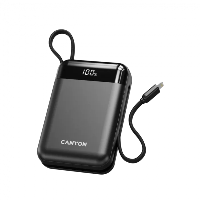 Външна батерия Canyon OnPower 204 20000mAh, 22.5W, PD 20W, USB-C и Lightning кабели, черна