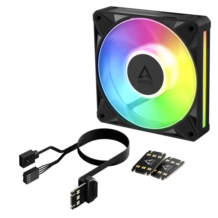 Вентилатор за компютър Arctic BioniX-P12-A-RGB, 120 мм, 450–3000 об./мин., PWM, адресируемо RGB осветление, 76 CFM, Fluid Dynamic Bearing, черен